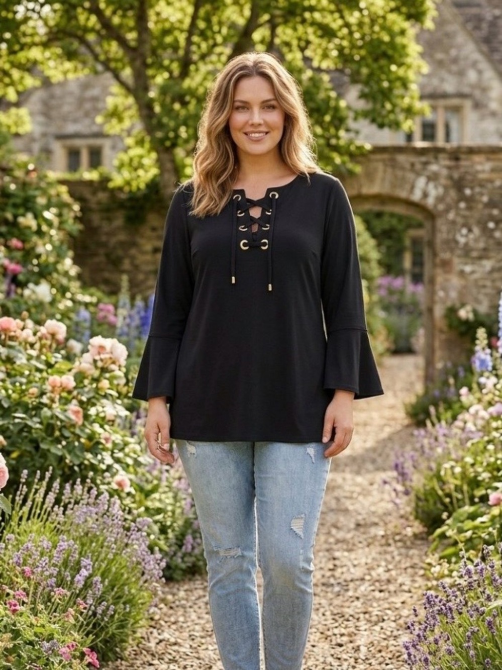 Charter Club Black Lace-Up Bell Sleeve Top with Grommets